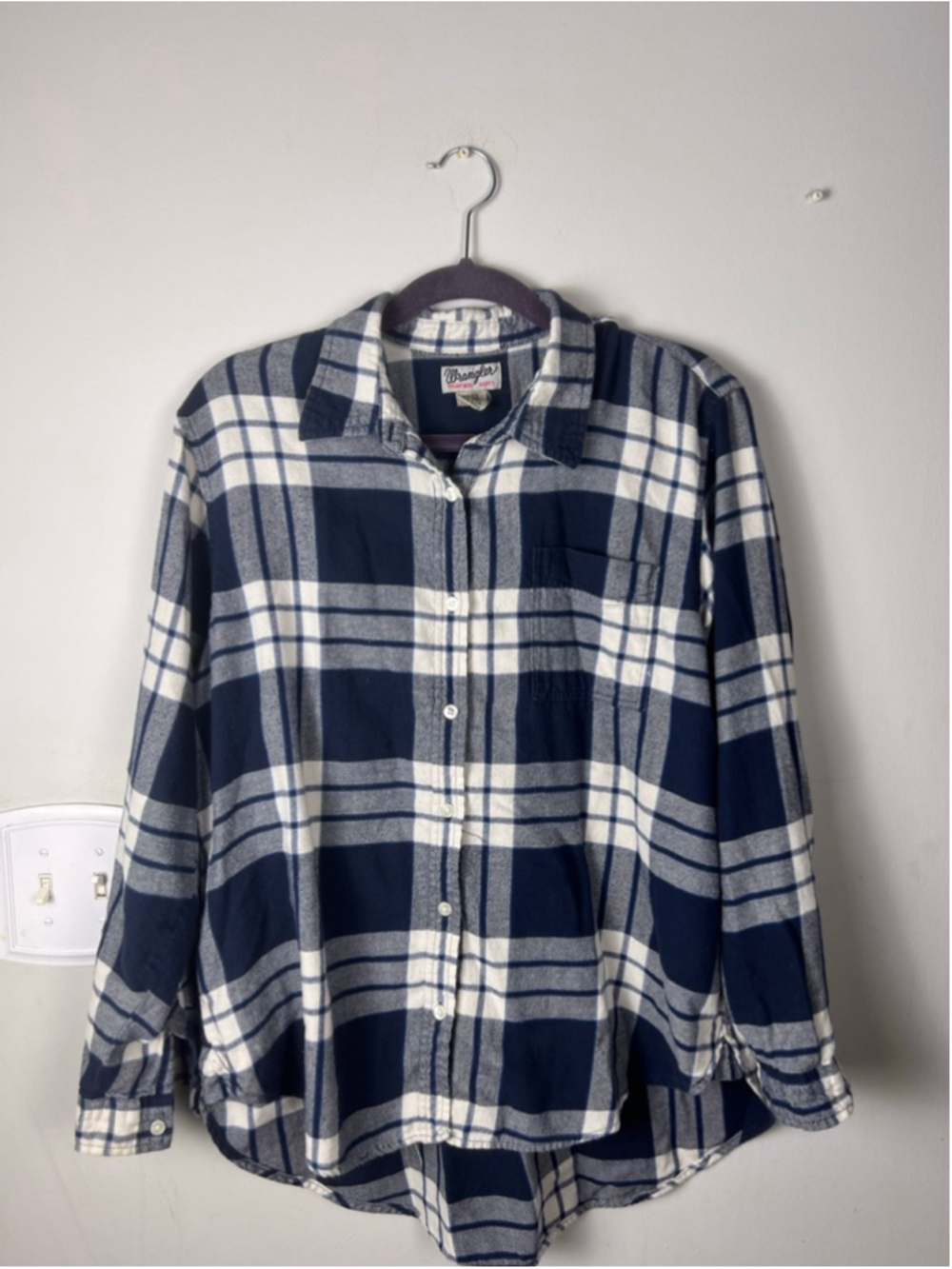 Wrangler Womens Large Plaid Flannel Shirt Blue White High Low Hem Button Up